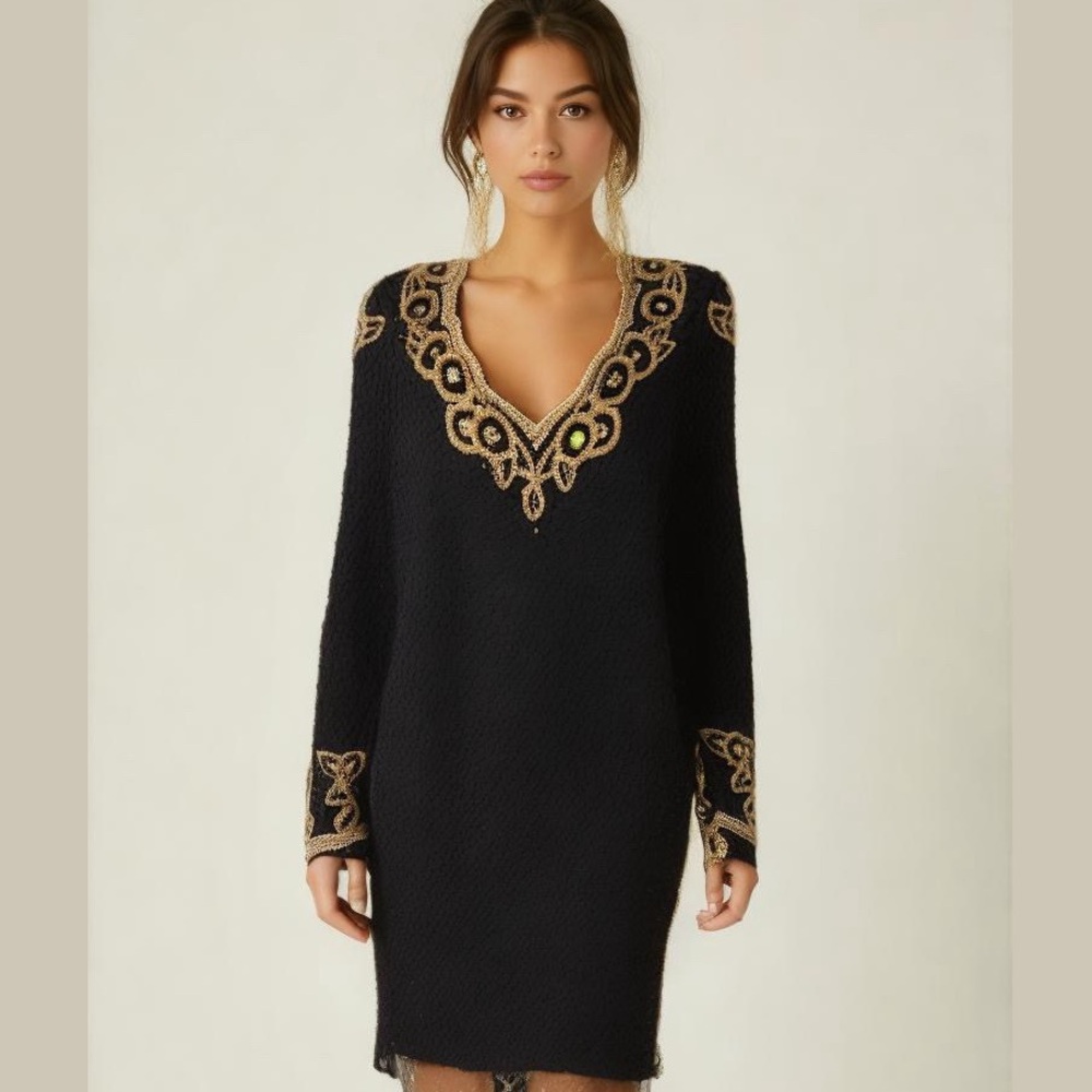 vintage long sleeve heavily beaded black and gold silk dress 70s 80s Morigana - Picture 1 of 8